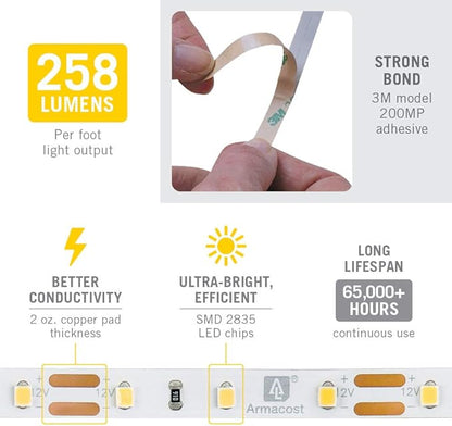 Armacost Lighting RibbonFlex Pro 12V White LED Strip Lights 60 LED/m, 2700K, 12 ft 132220