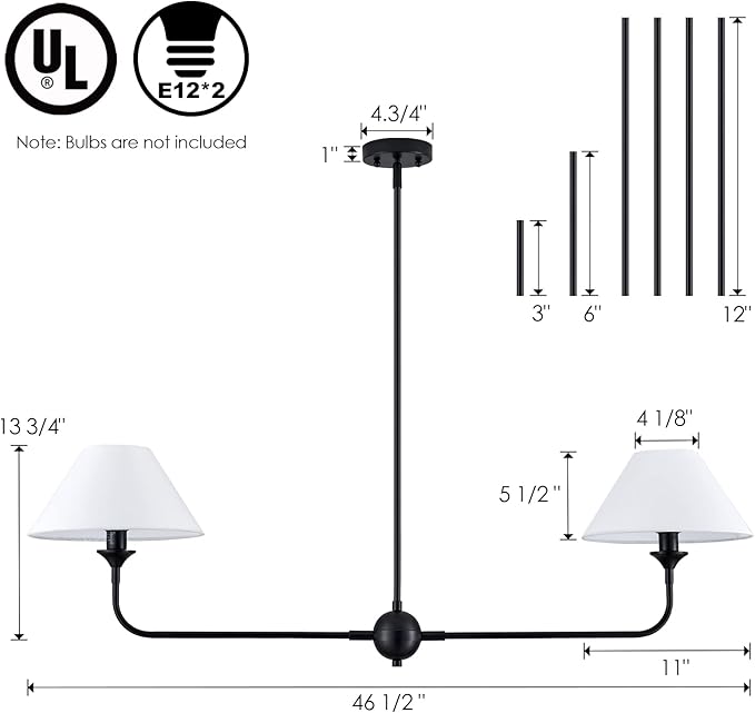Modern Linear Chandelier, 2-Light Linear Kitchen Island Lighting Fixture with Off-White Fabric Shade, Rustic Pendant Light for Dining Room Bedroom