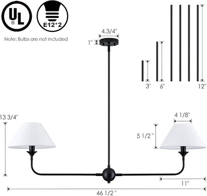 Modern Linear Chandelier, 2-Light Linear Kitchen Island Lighting Fixture with Off-White Fabric Shade, Rustic Pendant Light for Dining Room Bedroom