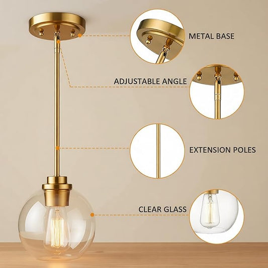 Gold Pendant Light, 7 Inch Clear Glass Farmhouse Hanging Fixture, Adjustable Height & Sloped Ceiling Compatible for Kitchen Island Dining Room Entryway Bedroom Hallway, 3 Pack