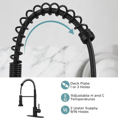 Kitchen Sink Faucet with Soap Dispenser,Commercial Single Handle Kitchen Faucets with Deck Plate (Matte Black)