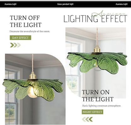 15.7" Green Glass Floral Ceiling Pendant Light Mid Century Large Hanging Light Gold Adjustable Cord Single Pendant for Kitchen Living Room Dining Table, Flower Petal Lighting