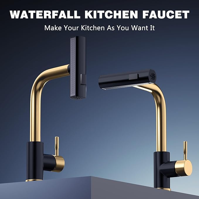 GIMILI Black and Gold Kitchen Faucet with Pull Down Sprayer, Waterfall 15“ High Single Handle Kitchen Sink Faucets