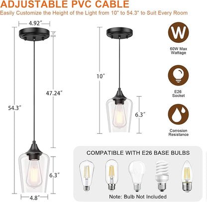 Ralbay Matte Black Industrial Pendant Light 3-Pack, Pendant Light Fixtures with Wine Clear Glass Shade, Adjustable Height for Kitchen Island, Farmhouse Dining Room Hanging Lighting Fixture