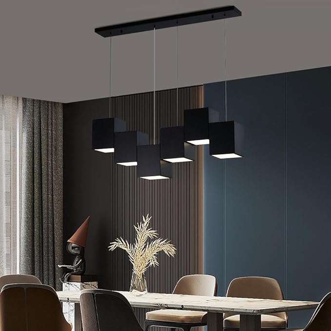 Modern Black Kitchen Island Lighting, Linear Chandeliers for Dining Room 6-Light Square Ceiling Hanging Pendant Light