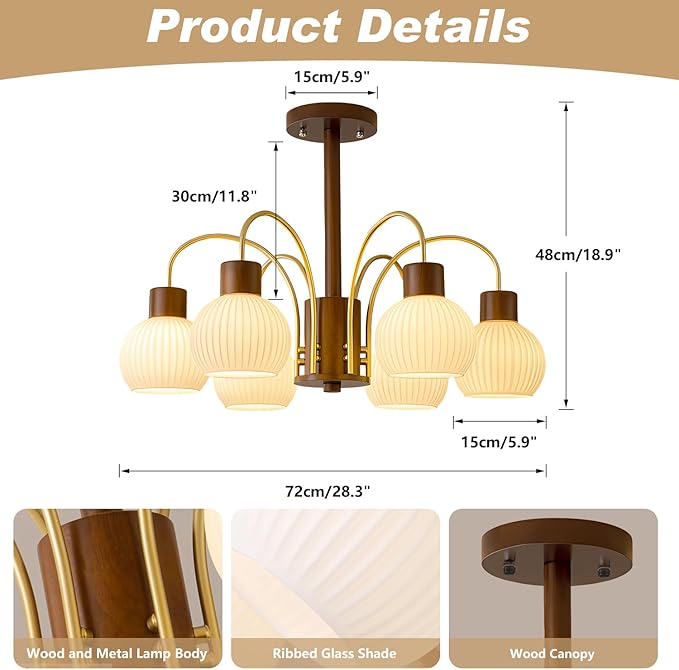 KCO Lighting 6-Lights Ribbed Milk Glass Chandelier Farmhouse Rustic Walnut Wood Chandelier Lighting Frosted White Globe Pendant Light Mid Century Modern Gold Semi Flush Mount Ceiling Light