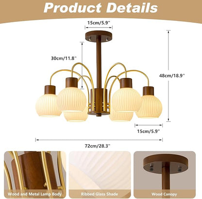 KCO Lighting 6-Lights Ribbed Milk Glass Chandelier Farmhouse Rustic Walnut Wood Chandelier Lighting Frosted White Globe Pendant Light Mid Century Modern Gold Semi Flush Mount Ceiling Light