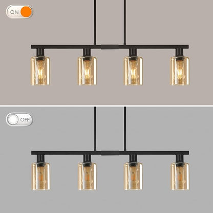 4-Light Kitchen Island Lighting, Black Dining Room Light Fixture with Adjustable Rods & Amber Glass Shades, Farmhouse Decor Black Metal Chandelier with Seeded Glass Shade, Island Lights for Kitchen