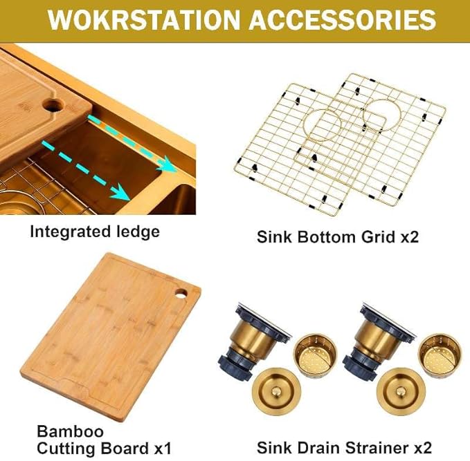 33 Inch Gold Farmhouse Sink Undermount Double Bowl, 16 Gauge 50/50 Stainless Steel Apron Front Workstation Far Sink, 33"x20"x10" Large and Deep Kitchen Sink With Accessories
