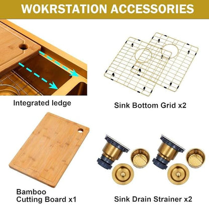 33 Inch Gold Farmhouse Sink Undermount Double Bowl, 16 Gauge 50/50 Stainless Steel Apron Front Workstation Far Sink, 33"x20"x10" Large and Deep Kitchen Sink With Accessories