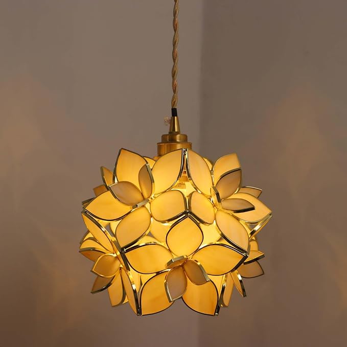 Bieye L11030 Petals Tiffany Style Stained Glass Ceiling Pendant Light for Home Decoration (Cream White, 8" Rose Lily)