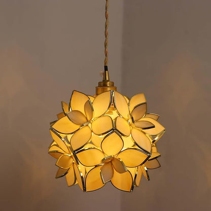 Bieye L11030 Petals Tiffany Style Stained Glass Ceiling Pendant Light for Home Decoration (Cream White, 8" Rose Lily)