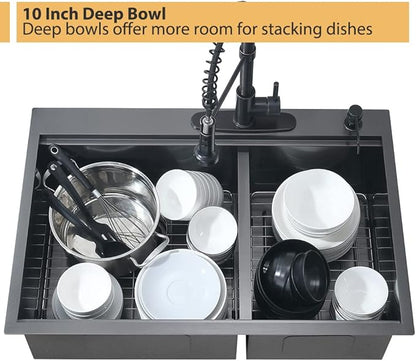 33 Inch Black Drop In Double Bowl Kitchen Sink Workstation-Bokaiya 33x22 Drop In Black Stainless Steel Top Mount Workstation Sink 16 Gauge Low Divide 60/40 Double Sink with Cutting Board