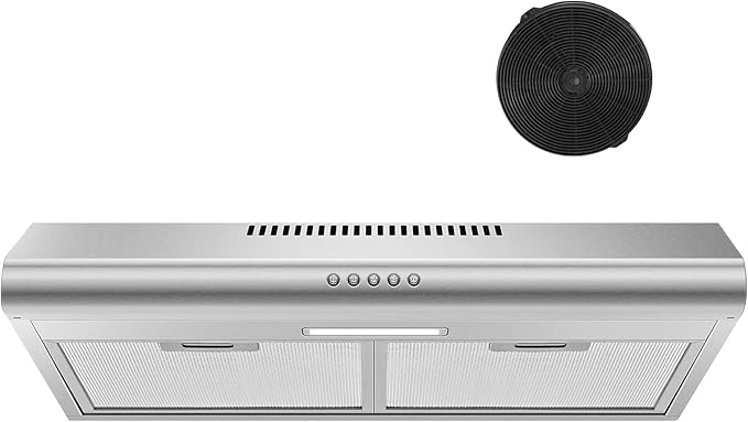 24 inch Range Hood Under Cabinet, Stainless Steel Range Hood 280CFM, Slim Kitchen Stove Hood w/Push Button, Ducted/Ductless Convertible, 3 Speeds Exhaust Fan, LED Light and Carbon Filter