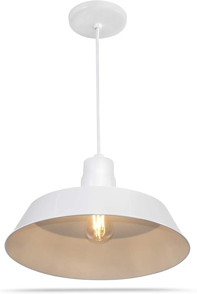 14-inch Industrial White Pendant Barn Light Fixture with 10ft Adjustable Cord, Ceiling-Mounted Vintage Hanging Light Fixture for Indoor Use, 120V Hardwire, E26 Medium Base LED Compatible, UL Listed