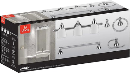 Globe Electric 51229 Jayden 5-Piece All-in-One Bathroom Set, Satin Nickel, 3-Light Vanity Light with White Opal Glass Shades, Towel Bar, Toilet Paper Holder, Towel Ring, Robe Hook