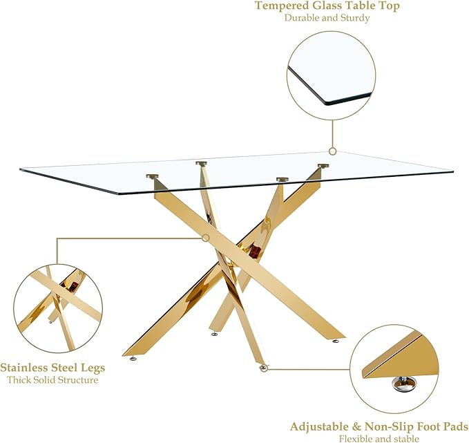 63" Glass Dining Table for 4-6, Contemporary Rectangular Dining Room Table with Tempered Glass Top & Gold Finish Stainless Steel Legs, Modern Large Dining Table for Home Kitchen