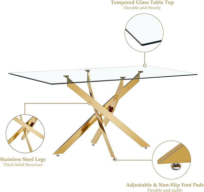 63" Glass Dining Table for 4-6, Contemporary Rectangular Dining Room Table with Tempered Glass Top & Gold Finish Stainless Steel Legs, Modern Large Dining Table for Home Kitchen