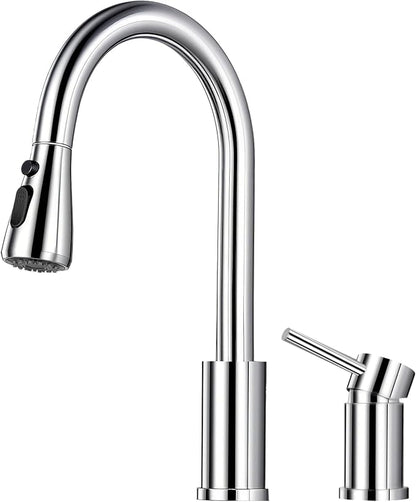 Pull Down Kitchen Faucet 2 Hole - Polished Chrome Single Handle Kitchen Faucets, High Arc Stainless Steel Pull Out Kitchen Sink Faucet for RV Laundry Farmhouse Bar