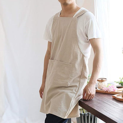 NEWGEM Japanese Cotton Linen Cross Back Cooking Apron for Women Men with Pockets Cute for Baking Kitchen