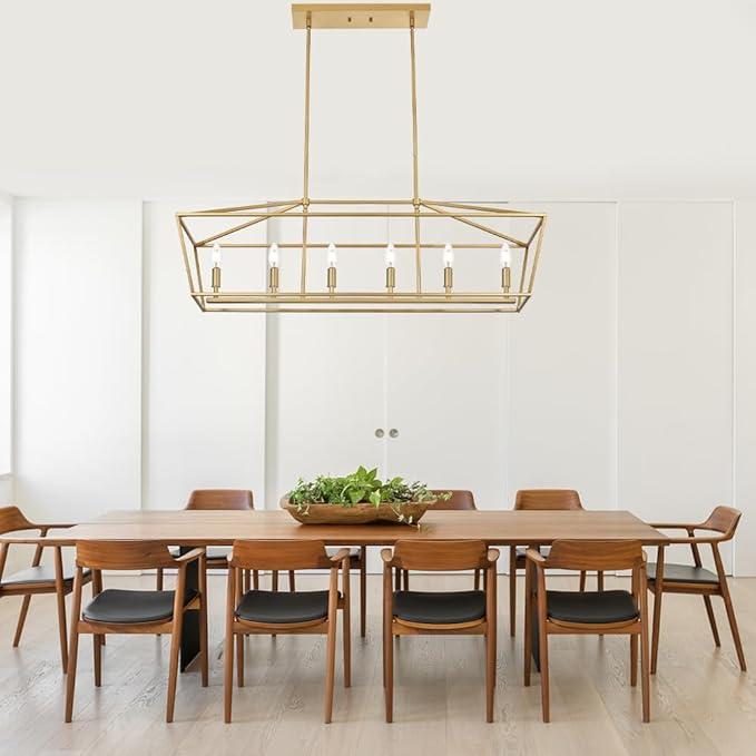BONLICHT 6 Light Brushed Brass Farmhouse Chandelier for Dining Room, Modern Industrial Foyer Linear Pendant Light Traditional Gold Kitchen Island Lighting Fixture Hanging Ceiling Lights, E12 Base