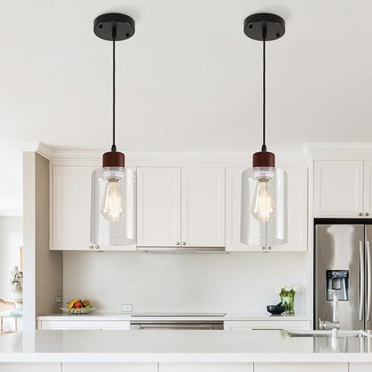 Modern Wood Pendant Lighting for Kitchen Island, Farmhouse Pendant Light Fixtures 1 Pack, Adjustable Hanging Ceiling Light with Clear Glass Shade