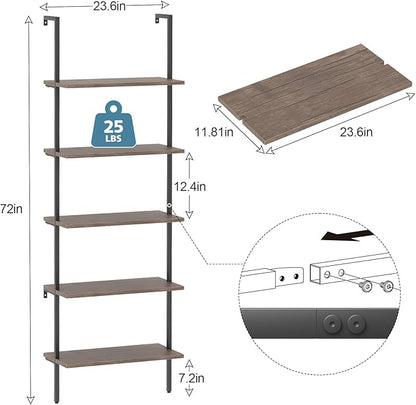 aboxoo Ladder Shelf Open Bookshelf 5-tier Wood Wall-mounted Bookcase Storage Rack Open Back Industrial Modern Plant Flower Stand Utility Organizer Bookcase Metal Frame Furniture Office Kitchen Bedroom