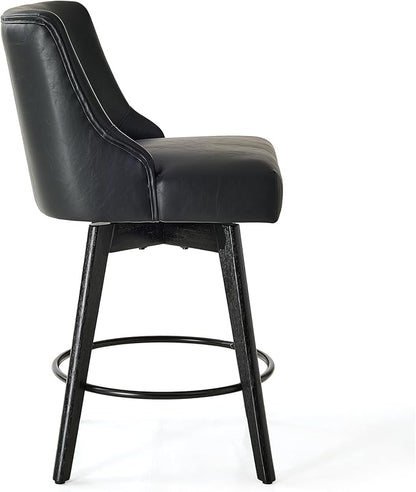 Vipbear Counter Height Bar Stools Set of 2, 26" H Swivel Bar Stools with Backs, PU Leather Upholstered Bar Chairs with Solid Wood Legs for Kitchen Island, Dining Room, Home Bar, Black