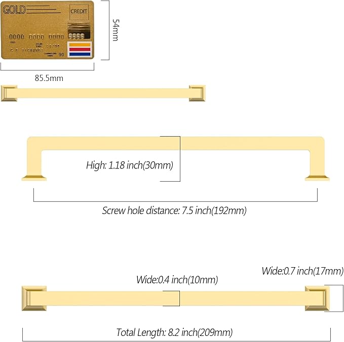 Amerdeco 10 Pack Brushed Gold Cabinet Pulls, 7.5 Inch(192MM) Hole Centers, Modern Style, Metal, 100% Metal Composition, Gold Color