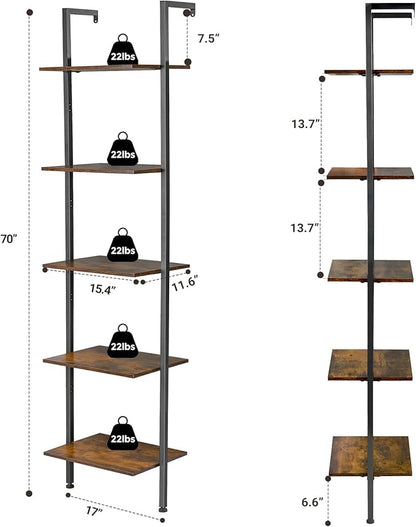 ELYKEN Ladder Shelf, 5-Tier Wood Wall Mounted Bookshelf with Metal Frame, Vintage Open Display Organizer Rack, Leaning Storage Shelves for Living Room, Bedroom, Home Office, Rustic Brown