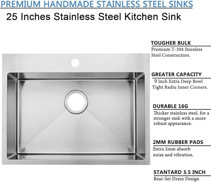 SHACO 25x18 Inch Drop In Kitchen Sink, 25 Inch Top Mount Stainless Steel Bar RV Laundry Utility Outdoor Sink, Brushed Nickel 16 Gauge Deep Small Kitchen Single Bowl