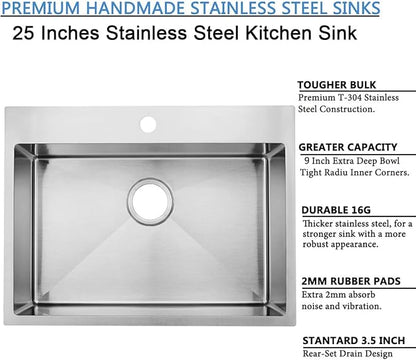 SHACO 25x18 Inch Drop In Kitchen Sink, 25 Inch Top Mount Stainless Steel Bar RV Laundry Utility Outdoor Sink, Brushed Nickel 16 Gauge Deep Small Kitchen Single Bowl