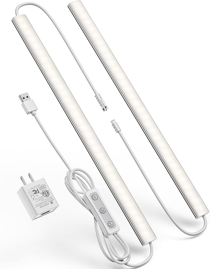 ASOKO HOME Dimmable Wired Under Cabinet Lighting - 2 Pack of 12-Inch Daylight 4000K Linkable USB LED Lights for Kitchen, Desk, Sink, and Workbench