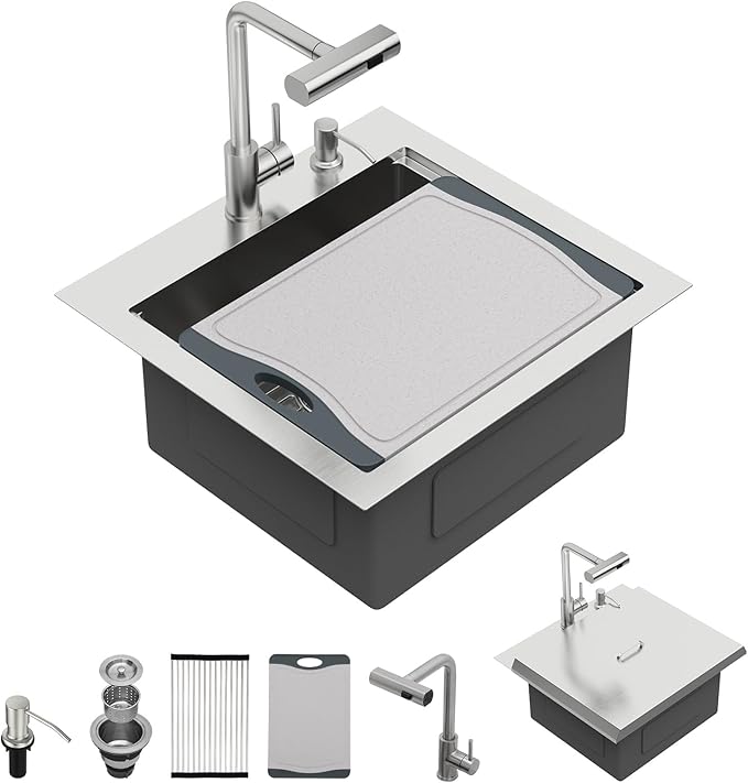 Kichae 21 Inch Outdoor Kitchen Sink - 21" x 20" Stainless Steel Drop Sink 16 Gauge with Pull Down Faucet Combo & Cover for Small Outdoor Kitchens, Bar Prep, and RV Use