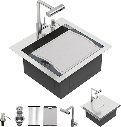Kichae 21 Inch Outdoor Kitchen Sink - 21" x 20" Stainless Steel Drop Sink 16 Gauge with Pull Down Faucet Combo & Cover for Small Outdoor Kitchens, Bar Prep, and RV Use