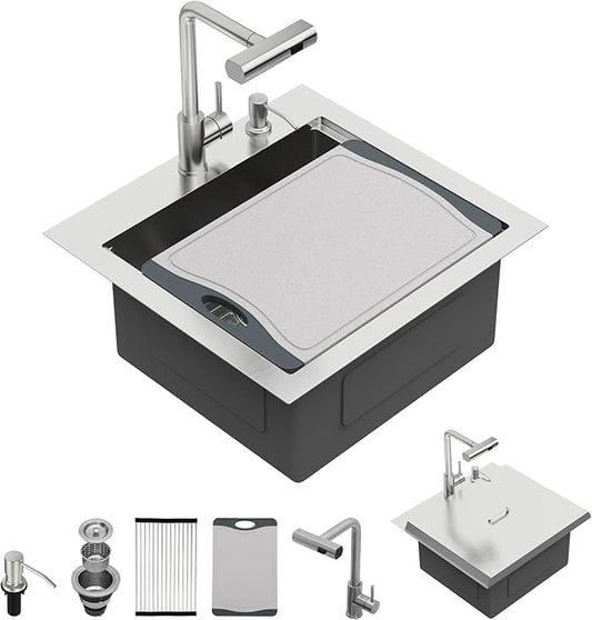 Kichae 21 Inch Outdoor Kitchen Sink - 21" x 20" Stainless Steel Drop Sink 16 Gauge with Pull Down Faucet Combo & Cover for Small Outdoor Kitchens, Bar Prep, and RV Use