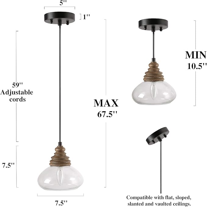 LOG BARN Farmhouse Pendant Light with Wood & Clear Glass for Kitchen, Entryway, Bedroom, Dining & Living Room - 7.5" X 7.5" X 7.5"