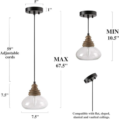LOG BARN Farmhouse Pendant Light with Wood & Clear Glass for Kitchen, Entryway, Bedroom, Dining & Living Room - 7.5" X 7.5" X 7.5"