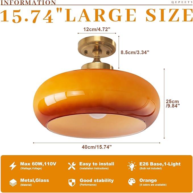 Retro Orange Glass Flush Mount Ceiling Light Fixture, 15.74 Inch Industrial Close to Ceiling Lamp for Bedroom Living Room Kitchen Hallway, E26 Base, Easy Installation