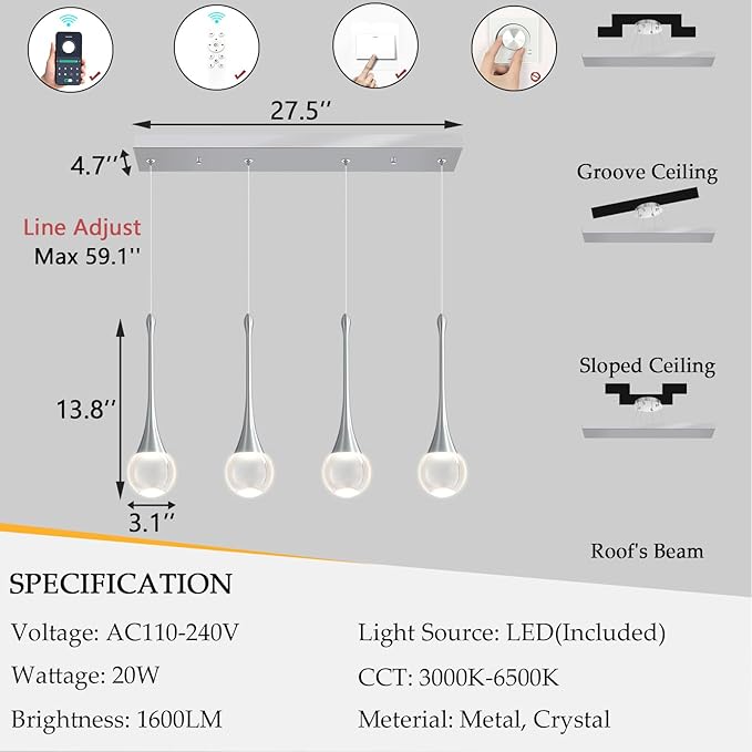 Rectangular Crystal Pendant Light for Kitchen Island 4 Light Dimmable Crystal Chandelier Lighting Fixtures with Remote for Dining Room Living Room Silver