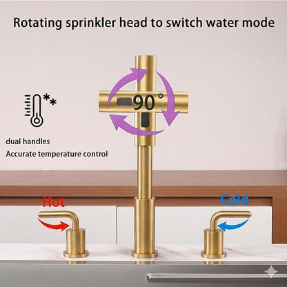 Kitchen Sink Faucet with Pull Down Sprayer - Brushed Gold 3 Hole Stainless Steel Kitchen Faucets - 2 Handle 8 Inch Champagne Bronze Waterfall Sinks Faucet for Laundry Farmhouse Three Holes Set