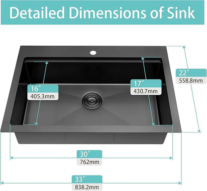 Black Drop In Kitchen Sink 33" x 22", 16 Gauge 304S Stainless Steel Workstation Sinks with Accessories, 33" x 22" x 10" Large and Deep Top Mount Single Bowl Kitchen Sink