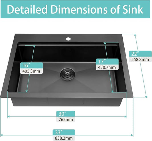 Black Drop In Kitchen Sink 33" x 22", 16 Gauge 304S Stainless Steel Workstation Sinks with Accessories, 33" x 22" x 10" Large and Deep Top Mount Single Bowl Kitchen Sink