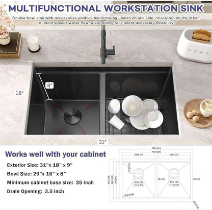 31 Inch Black Sink Undermount Double Bowl, 16 Gauge 50/50 Double Bowl Stainless Steel Workstation Sink, 31"x18"x9" Large and Deep Kitchen Sink With Accessories