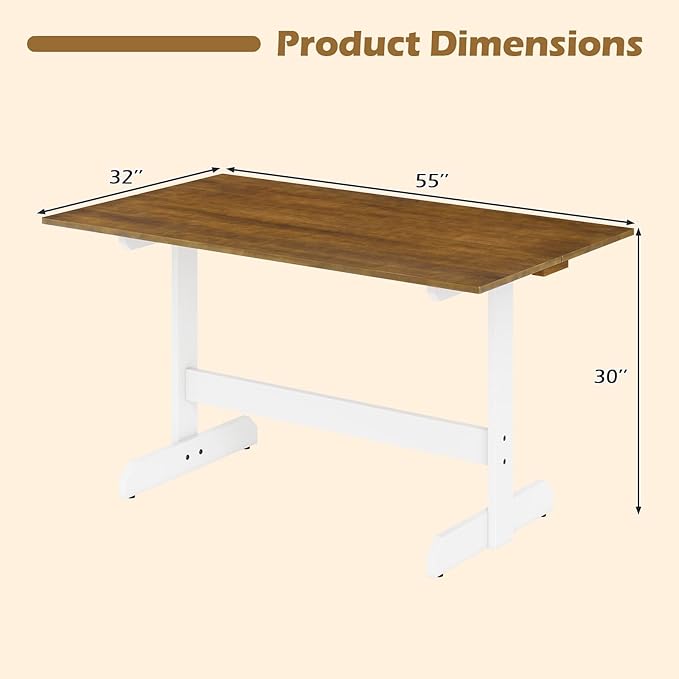 Giantex 55" Dining Table for 4-6, Farmhouse Kitchen Table with H-Shaped Rubber Wood Leg, Adjustable Foot Pads, Rectangular Wood Dinner Tables for Dining Room, Home Office, Living Room, Dinette