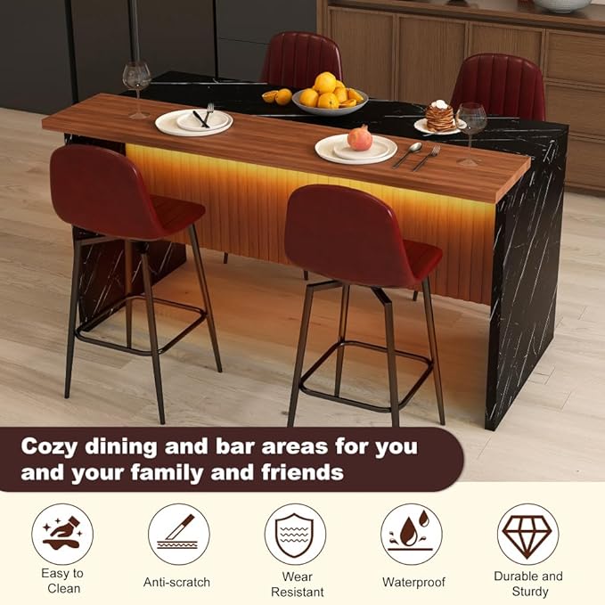 63 Inch Kitchen Island with 4 Deep Brown Bar Stools – White Marble Countertop, Integrated LED Lighting & Grille Design, Multi-Functional Breakfast Bar for Dining Rooms, (Black+4dark Brown)