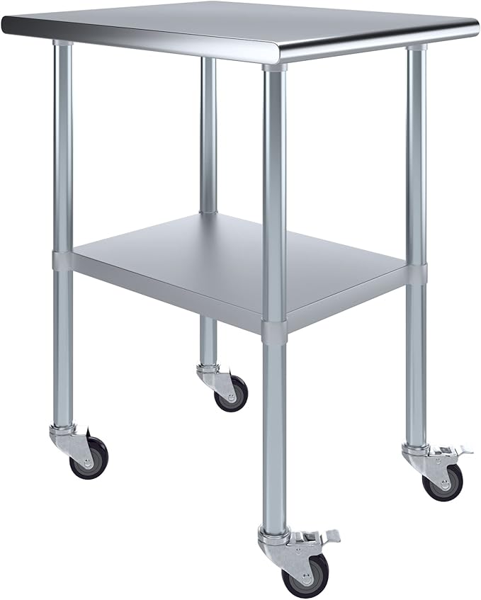 Stainless Steel Work Table with Wheels | NSF Kitchen Island Food Prep | Laundry Garage Utility Bench (Table + Wheels, 24" Long x 30" Deep)