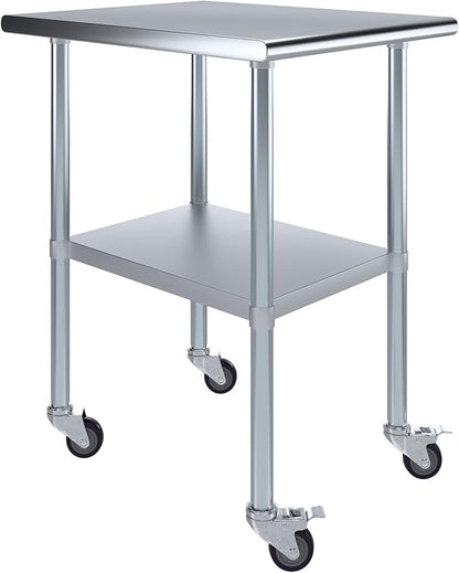 Stainless Steel Work Table with Wheels | NSF Kitchen Island Food Prep | Laundry Garage Utility Bench (Table + Wheels, 24" Long x 30" Deep)