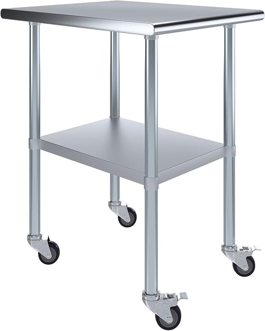Stainless Steel Work Table with Wheels | NSF Kitchen Island Food Prep | Laundry Garage Utility Bench (Table + Wheels, 24" Long x 30" Deep)