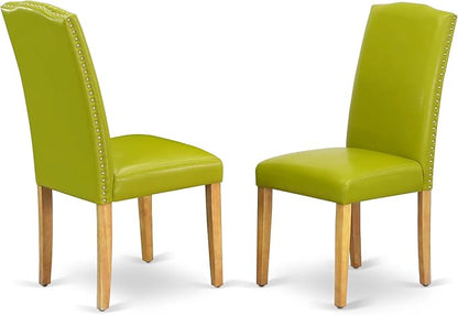 East West Furniture ENP4T51 Encinal Parsons Dining Chairs - Nailhead Trim Autumn Green Faux Leather Upholstered Chairs, Set of 2, Oak